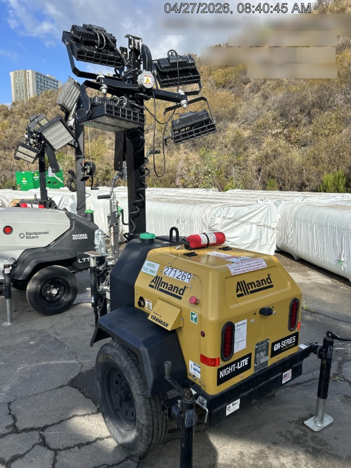 2022 Allmand NLV3GR (4) LED Light Fixture 350W, 23' Vertical Mast, 3kW Prime, Towable, ES Decals, T3
