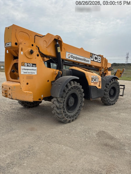 2019 JCB 510-56 Open ROPS, 74 HP, Solid Tires, Worklights, Beacon, Aux Hydraulics, Lifting Eye 66" Carriage/60" Forks