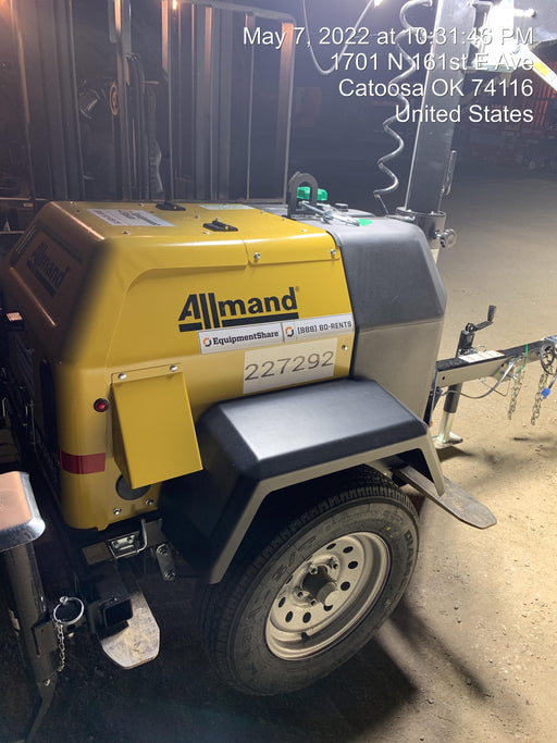 2022 Allmand NLV3GR (4) LED Light Fixture 350W, 23' Vertical Mast, 3kW Prime, Towable, Deep Sea L401, Leveling Jacks, Yanmar T4F 5.8hp