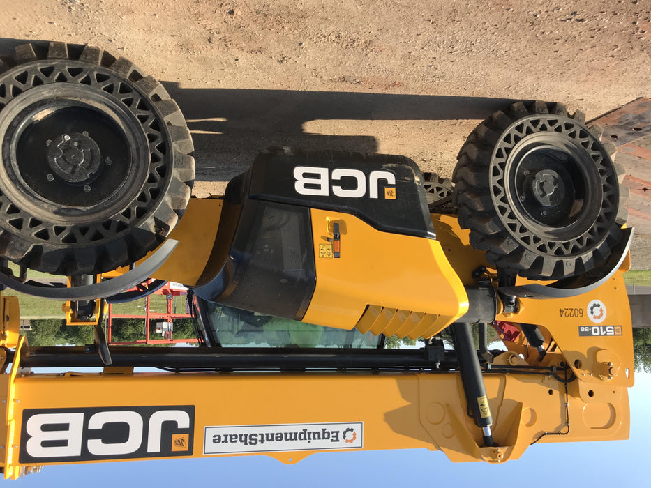 2020 JCB 510-56 Cab/Heat/Air, 74 HP, Solid Tires, STD Worklight, Beacon, Aux Hydraulics, Lifting Eye, Back up Alarm w/66" Carriage/60" Forks