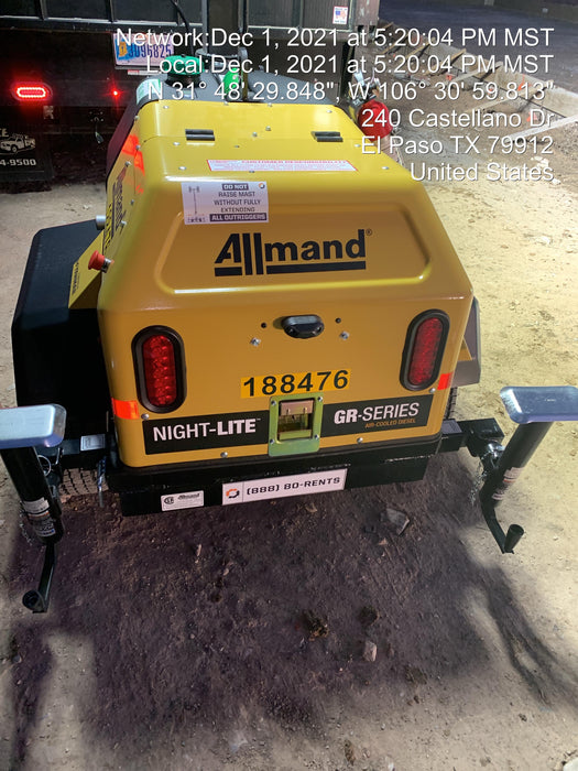 Allmand NLV3GR (4) LED Light Fixture 350W, 23' Vertical Mast, 3kW Prime, Towable, Deep Sea L401, Leveling Jacks, Yanmar T4F 5.8hp