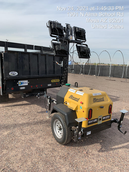 Allmand NLV3GR (4) LED Light Fixture 350W, 23' Vertical Mast, 3kW Prime, Towable, Deep Sea L401, Leveling Jacks, Yanmar T4F 5.8hp