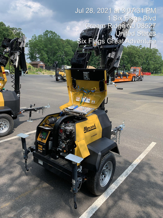 2021 Allmand NLV3GR (4) LED Light Fixture 350W, 23' Vertical Mast, 3kW Prime, Towable, Deep Sea L401, Leveling Jacks, Yanmar T4F 5.8hp