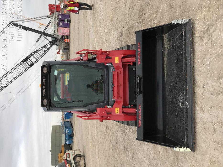 2019 Takeuchi TL10V2-CR Cab/Heat/AC, Rubber Tracks, Backup Alarm, Front & rear working Lights, Auxiliary Hydraulics, 2 Speed Travel, Engine Monitoring System, Hydraulic universal quick hitch w/76" HD smooth dirt bucket with bolt-on edge, 20.3 cubic feet capacity, 48" Pallet forks and frame