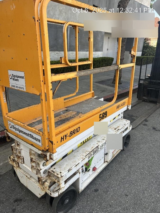 Custom Equipment HB-1430 Hy-Brid Scissor Lift
Platform capacity up to 670 lbs
Working height up to 20 ft
Weighs under 1,700 lbs
Non-marking wheels
