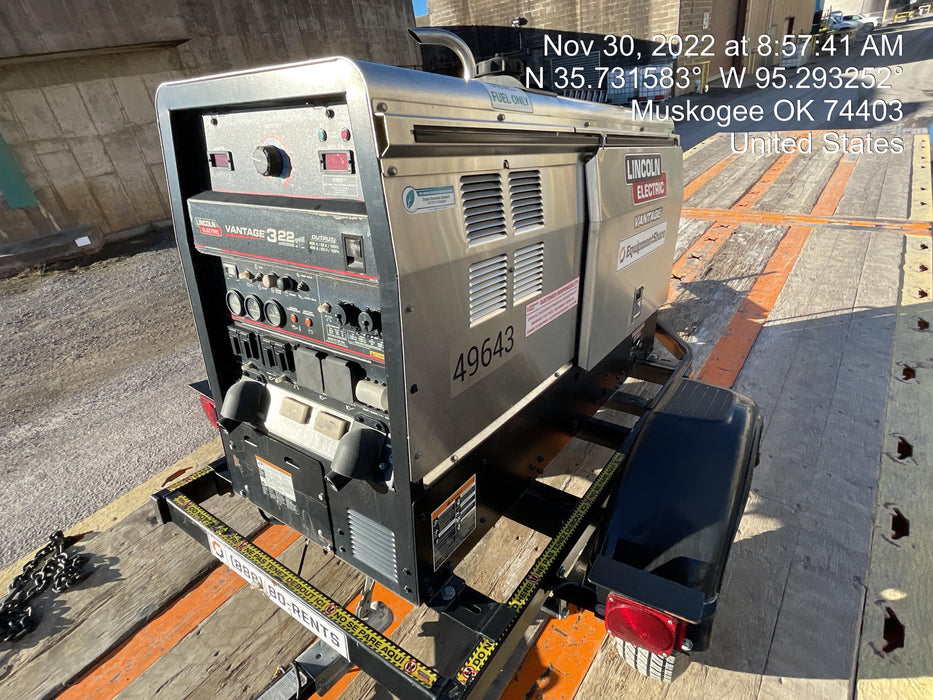 2019 Lincoln Electric Vantage 322 Ready-Pak 3, Two Wheel Trailer, Fender and Light Kit, Cable Rack