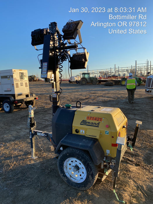 2021 Allmand NLV3GR (4) LED Light Fixture 350W, 23' Vertical Mast, 3kW Prime, Towable, Deep Sea L401, Leveling Jacks, Yanmar T4F 5.8hp