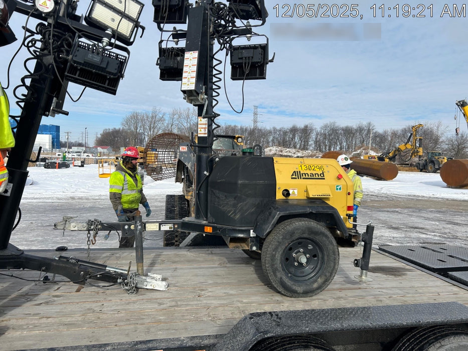 2022 Allmand NLV3GR (4) LED Light Fixture 350W, 23' Vertical Mast, 3kW Prime, Towable, Deep Sea L401, Leveling Jacks, Yanmar T4F 5.8hp