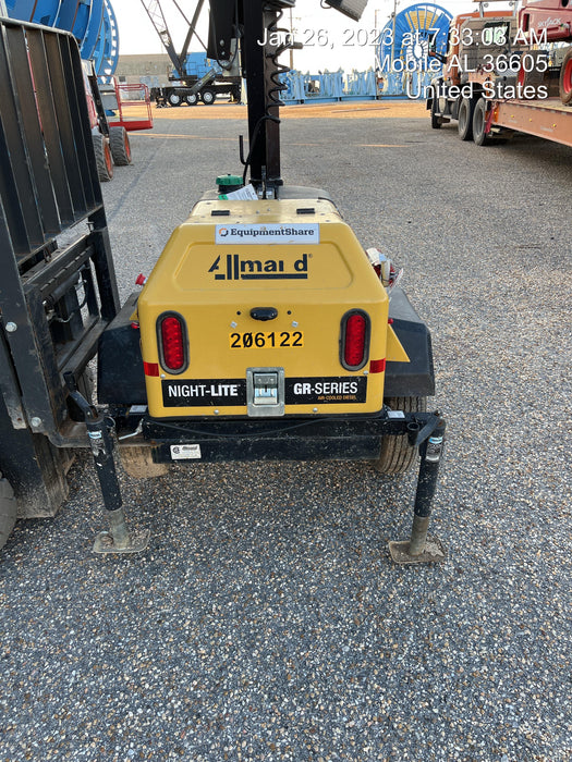 2022 Allmand NLV3GR (4) LED Light Fixture 350W, 23' Vertical Mast, 3kW Prime, Towable, Deep Sea L401, Leveling Jacks, Yanmar T4F 5.8hp