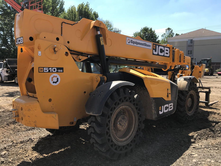 2020 JCB 510-56 Cab/Heat/Air, 74 HP, Solid Tires, STD Worklight, Beacon, Aux Hydraulics, Lifting Eye, Back up Alarm w/66" Carriage/60" Forks
