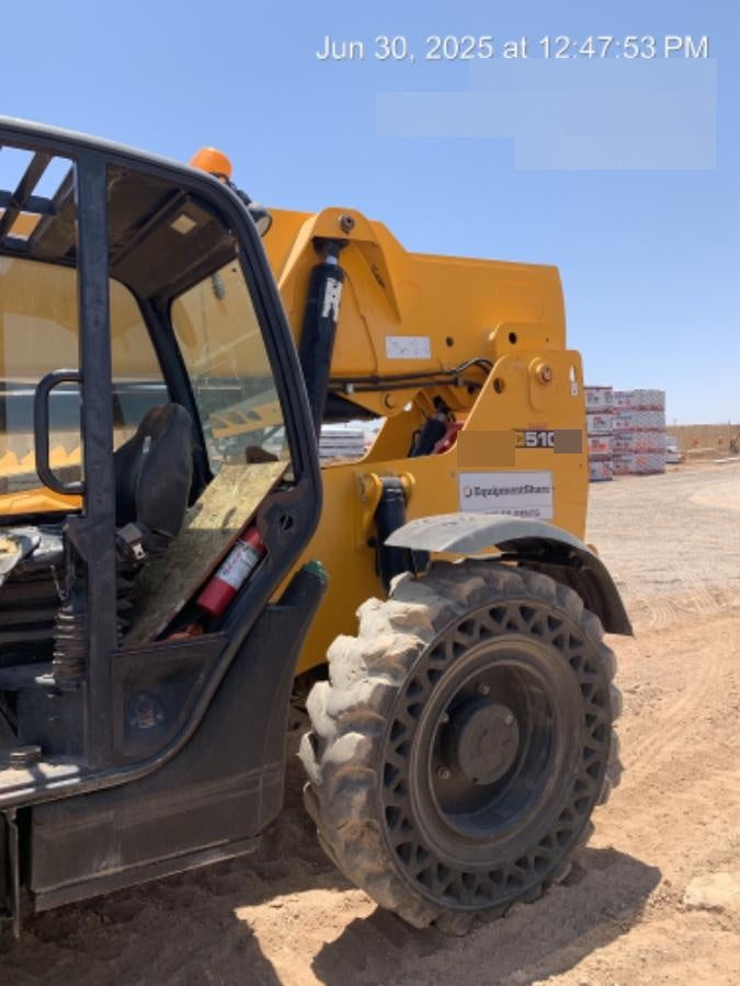 2019 JCB 510-56 74 HP w/Open ROPS, Beacon, Aux Hydraulics, Worklights, Solid Tires w/60" Carriage/Forks