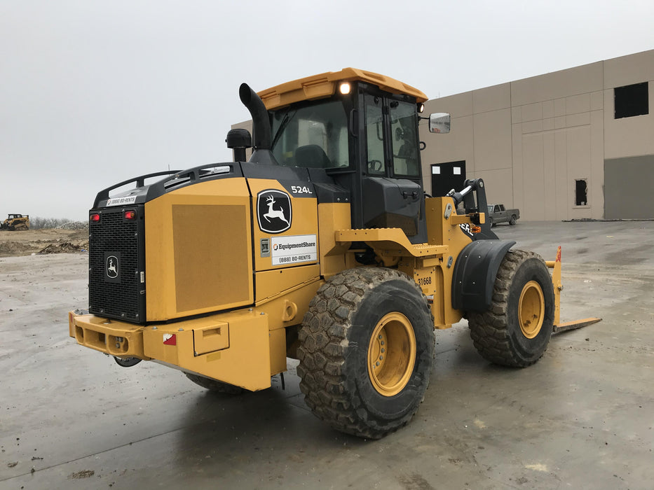 2019 John Deere 524L Cab/Heat/AIR, 3rd Function Hydraulics, Hydraulic JRB QC 2.75 Yd. Bucket, 60" Carriage/72" Forks