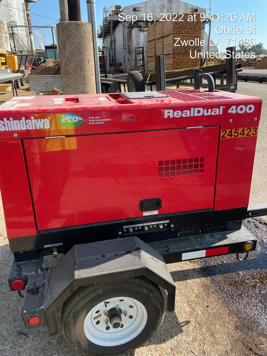 2022 Shindaiwa DGW400MDL Kubota D902 Engine, 23 HP, Dual Op Welder, Wire, Arc, Droop Stick, Tig, and CC Stick Functionality, Simulphase, 3 Phase and 1 Phase Gen Output, Single Axle NB Trlr, Slr Trckl Chrg 12V 12W, Fire Ext
