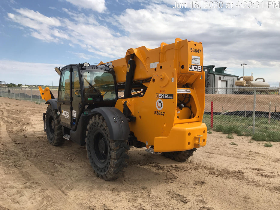 2019 JCB 512-56 Cab/Heat/Air, 109 HP, Solid Tires, STD Worklight, Beacon, Aux Hydraulics, Lifting Eye, Back up Alarm w/66" Carriage/60" Forks