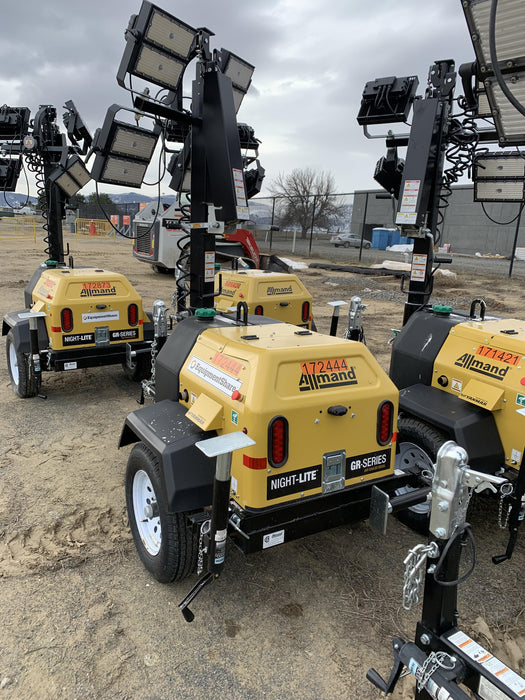 2021 Allmand NLV3GR (4) LED Light Fixture 350W, 23' Vertical Mast, 3kW Prime, Towable, Deep Sea L401, Leveling Jacks, Yanmar T4F 5.8hp