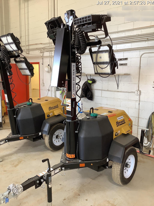 2021 Allmand NLV3GR (4) LED Light Fixture 350W, 23' Vertical Mast, 3kW Prime, Towable, Deep Sea L401, Leveling Jacks, Yanmar T4F 5.8hp