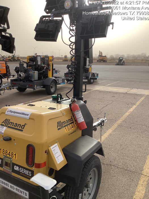 Allmand NLV3GR (4) LED Light Fixture 350W, 23' Vertical Mast, 3kW Prime, Towable, Deep Sea L401, Leveling Jacks, Yanmar T4F 5.8hp