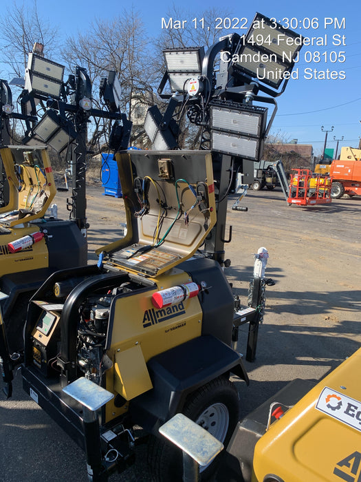 Allmand NLV3GR (4) LED Light Fixture 350W, 23' Vertical Mast, 3kW Prime, Towable, Deep Sea L401, Leveling Jacks, Yanmar T4F 5.8hp