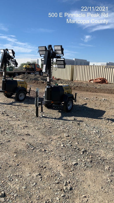 Allmand NLV3GR (4) LED Light Fixture 350W, 23' Vertical Mast, 3kW Prime, Towable, Deep Sea L401, Leveling Jacks, Yanmar T4F 5.8hp