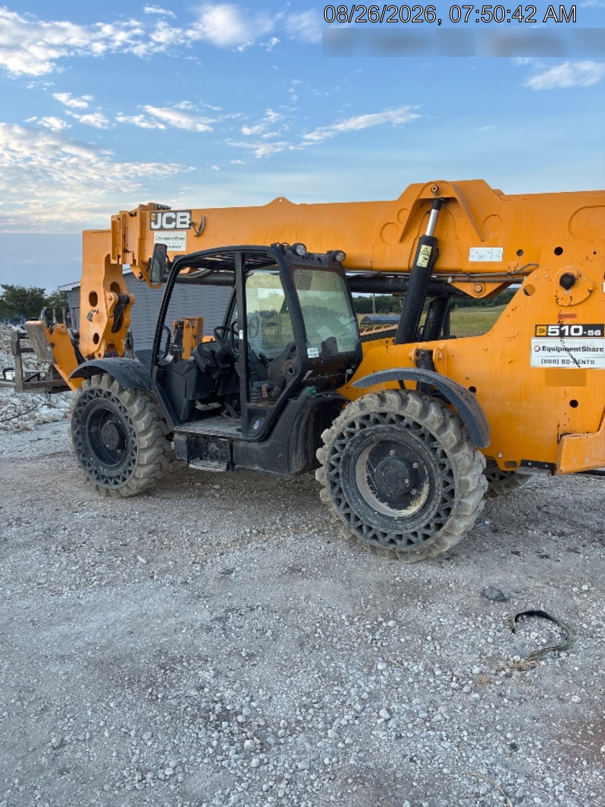 2019 JCB 510-56 Open ROPS, 74 HP, Solid Tires, Worklights, Beacon, Aux Hydraulics, Lifting Eye 66" Carriage/60" Forks