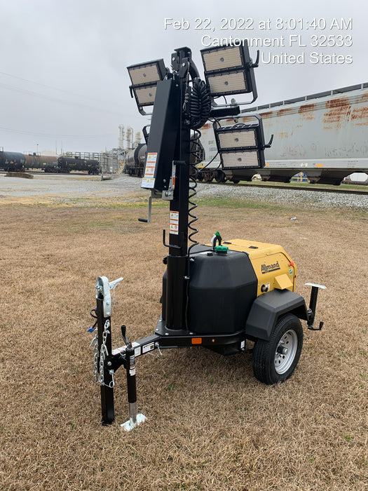 2022 Allmand NLV3GR (4) LED Light Fixture 350W, 23' Vertical Mast, 3kW Prime, Towable, Deep Sea L401, Leveling Jacks, Yanmar T4F 5.8hp