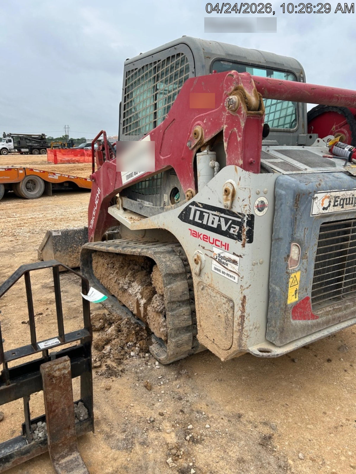 2019 Takeuchi TL10V2-CR Cab/Heat/AC, Rubber Tracks, Backup Alarm, Front & rear working Lights, Auxiliary Hydraulics, 2 Speed Travel, Engine Monitoring System, Hydraulic universal quick hitch w/76" HD smooth dirt bucket with bolt-on edge, 20.3 cubic feet capacity, 48" Pallet forks and frame