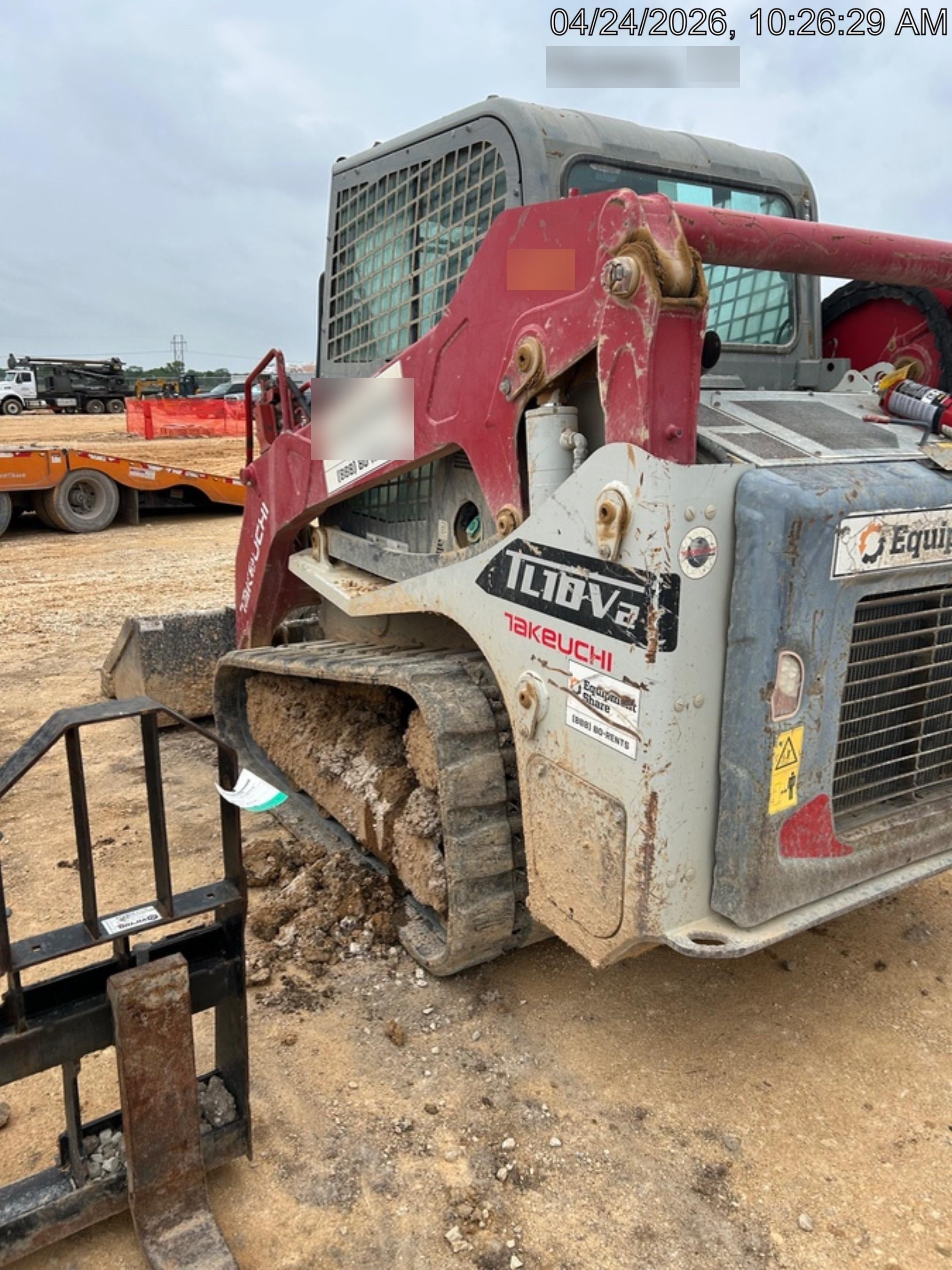 2019 Takeuchi TL10V2-CR Cab/Heat/AC, Rubber Tracks, Backup Alarm, Front & rear working Lights, Auxiliary Hydraulics, 2 Speed Travel, Engine Monitoring System, Hydraulic universal quick hitch w/76" HD smooth dirt bucket with bolt-on edge, 20.3 cubic feet capacity, 48" Pallet forks and frame
