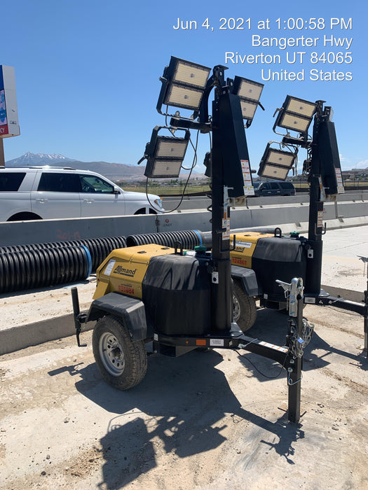 2021 Allmand NLV3GR (4) LED Light Fixture 350W, 23' Vertical Mast, 3kW Prime, Towable, Deep Sea L401, Leveling Jacks, Yanmar T4F 5.8hp