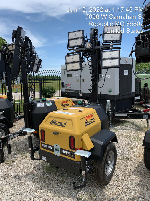 2022 Allmand NLV3GR (4) LED Light Fixture 350W, 23' Vertical Mast, 3kW Prime, Towable, Deep Sea L401, Leveling Jacks, Yanmar T4F 5.8hp