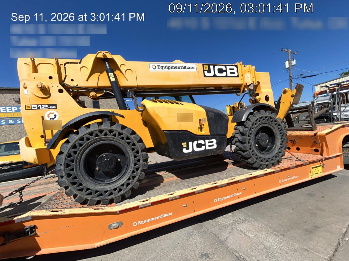 2019 JCB 512-56 Cab/Heat/Air, 109 HP, Solid Tires, STD Worklight, Beacon, Aux Hydraulics, Lifting Eye, Back up Alarm w/66" Carriage/60" Forks