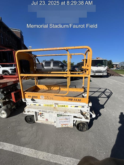 Custom Equipment HB-1430 Hy-Brid Scissor Lift
Platform capacity up to 670 lbs
Working height up to 20 ft
Weighs under 1,700 lbs
Non-marking wheels