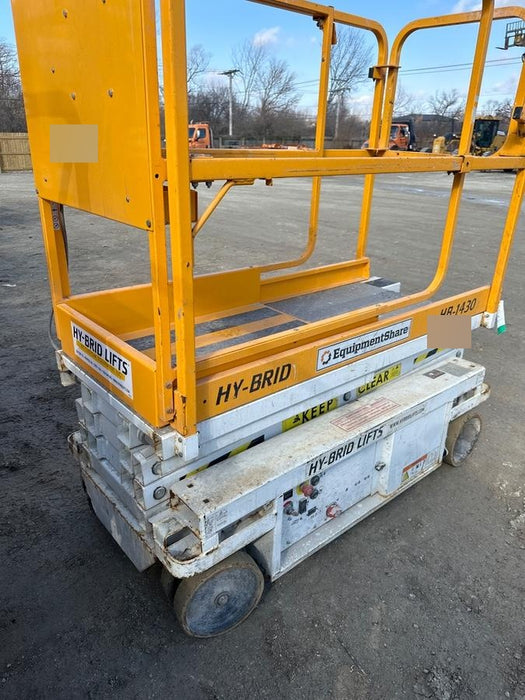 Custom Equipment HB-1430 <ul>
 <li>Hy-Brid Scissor Lift</li>
  <li>Platform capacity up to 670 lbs.</li>
  <li>Working height up to 20 ft</li>
  <li>Weighs under 1,700 lbs.</li>
  <li>Non-marking wheels </li>
</ul>