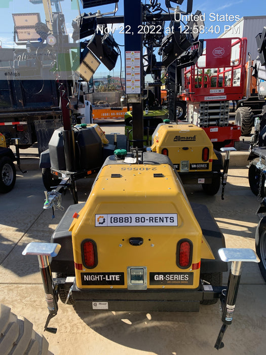 2022 Allmand NLV3GR (4) LED Light Fixture 350W, 23' Vertical Mast, 3kW Prime, Towable, Deep Sea L401, Leveling Jacks, Yanmar T4F 5.8hp