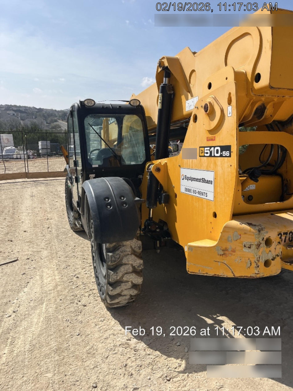 2019 JCB 510-56 Enclosed Cab, 74 HP, Solid Tires, Worklights, Beacon, Aux Hydraulics, Lifting Eye 66" Carriage/60" Forks