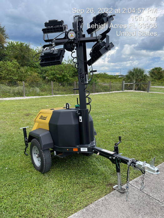 2022 Allmand NLV3GR (4) LED Light Fixture 350W, 23' Vertical Mast, 3kW Prime, Towable, Deep Sea L401, Leveling Jacks, Yanmar T4F 5.8hp