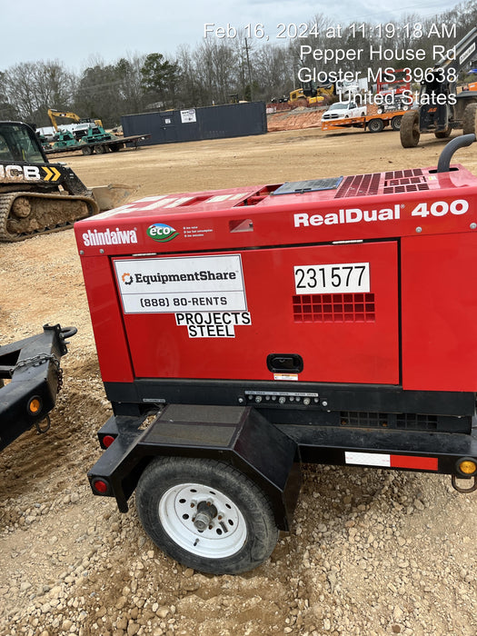 2022 Shindaiwa DGW400MDL Kubota D902 Engine, 23 HP, Dual Op Welder, Wire, Arc, Droop Stick, Tig, and CC Stick Functionality, Simulphase, 3 Phase and 1 Phase Gen Output, Single Axle NB Trlr, Slr Trckl Chrg 12V 12W, Fire Ext