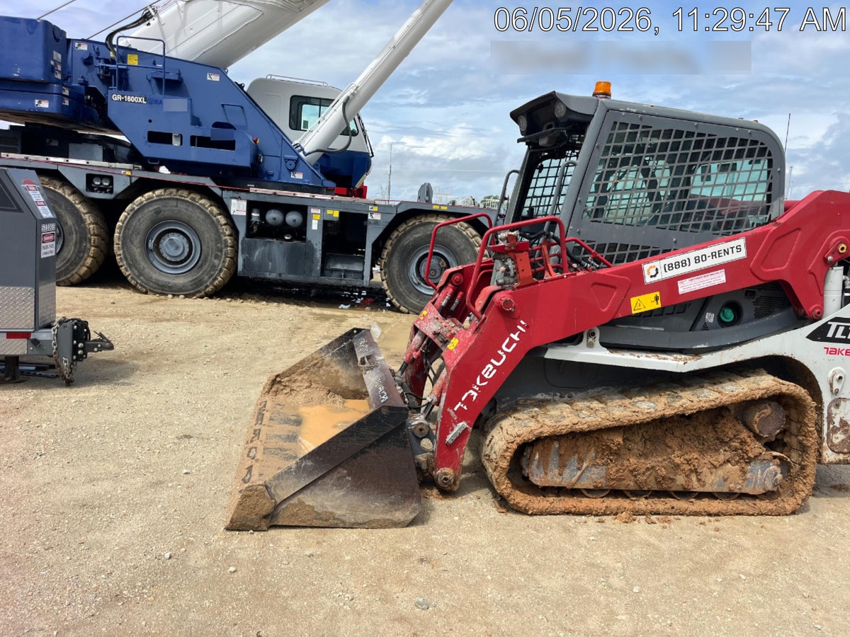 2019 Takeuchi TL10V2-CR Cab/Heat/AC, Rubber Tracks, Backup Alarm, Front & rear working Lights, Auxiliary Hydraulics, 2 Speed Travel, Engine Monitoring System, Hydraulic universal quick hitch w/76" HD smooth dirt bucket with bolt-on edge, 20.3 cubic feet capacity, 48" Pallet forks and frame