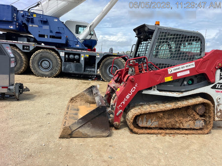 2019 Takeuchi TL10V2-CR Cab/Heat/AC, Rubber Tracks, Backup Alarm, Front & rear working Lights, Auxiliary Hydraulics, 2 Speed Travel, Engine Monitoring System, Hydraulic universal quick hitch w/76" HD smooth dirt bucket with bolt-on edge, 20.3 cubic feet capacity, 48" Pallet forks and frame