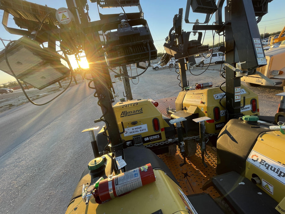 2022 Allmand NLV3GR (4) LED Light Fixture 350W, 23' Vertical Mast, 3kW Prime, Towable, Deep Sea L401, Leveling Jacks, Yanmar T4F 5.8hp