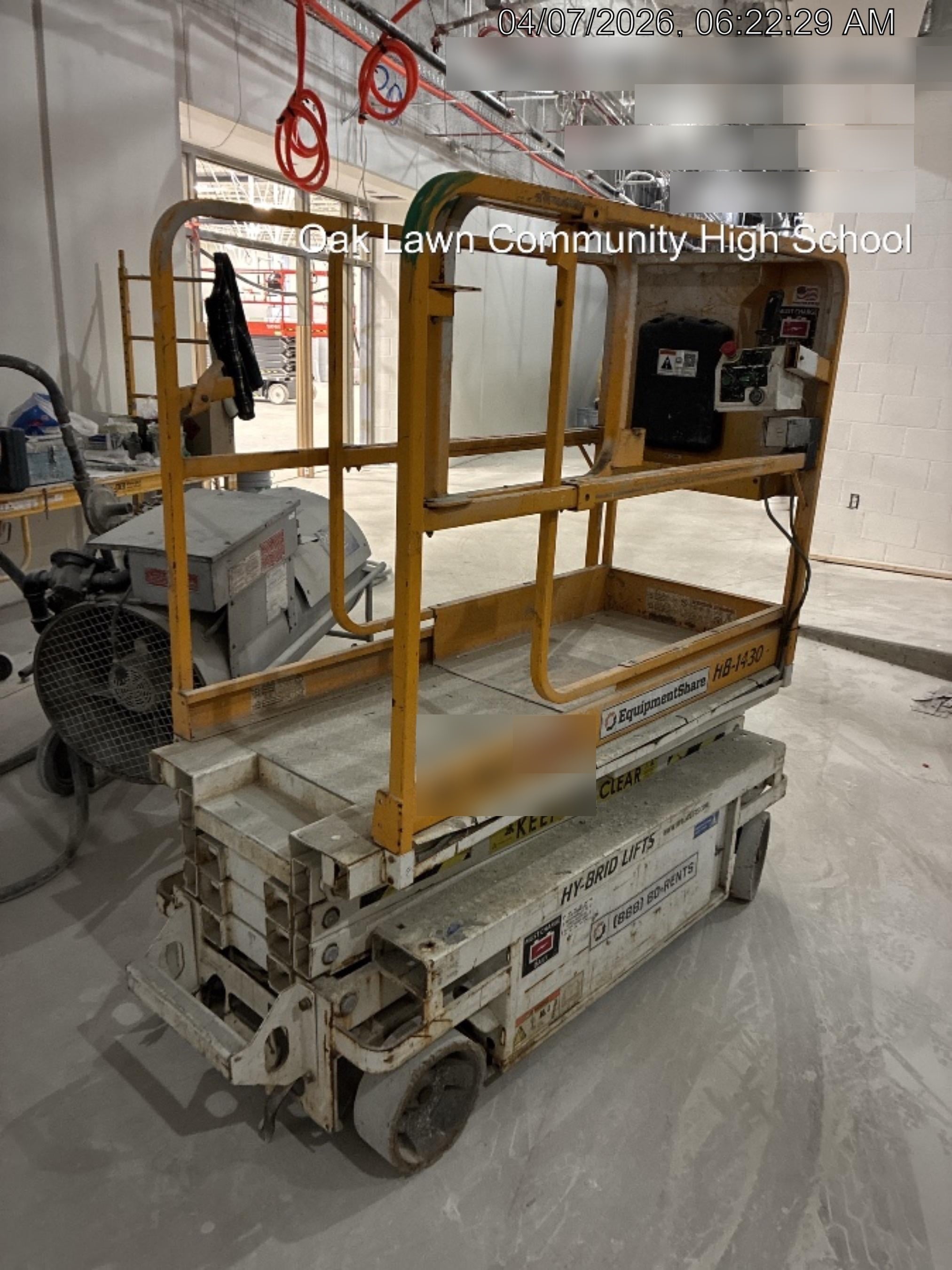 Custom Equipment HB-1430 <ul>
 <li>Hy-Brid Scissor Lift</li>
  <li>Platform capacity up to 670 lbs.</li>
  <li>Working height up to 20 ft</li>
  <li>Weighs under 1,700 lbs.</li>
  <li>Non-marking wheels </li>
</ul>