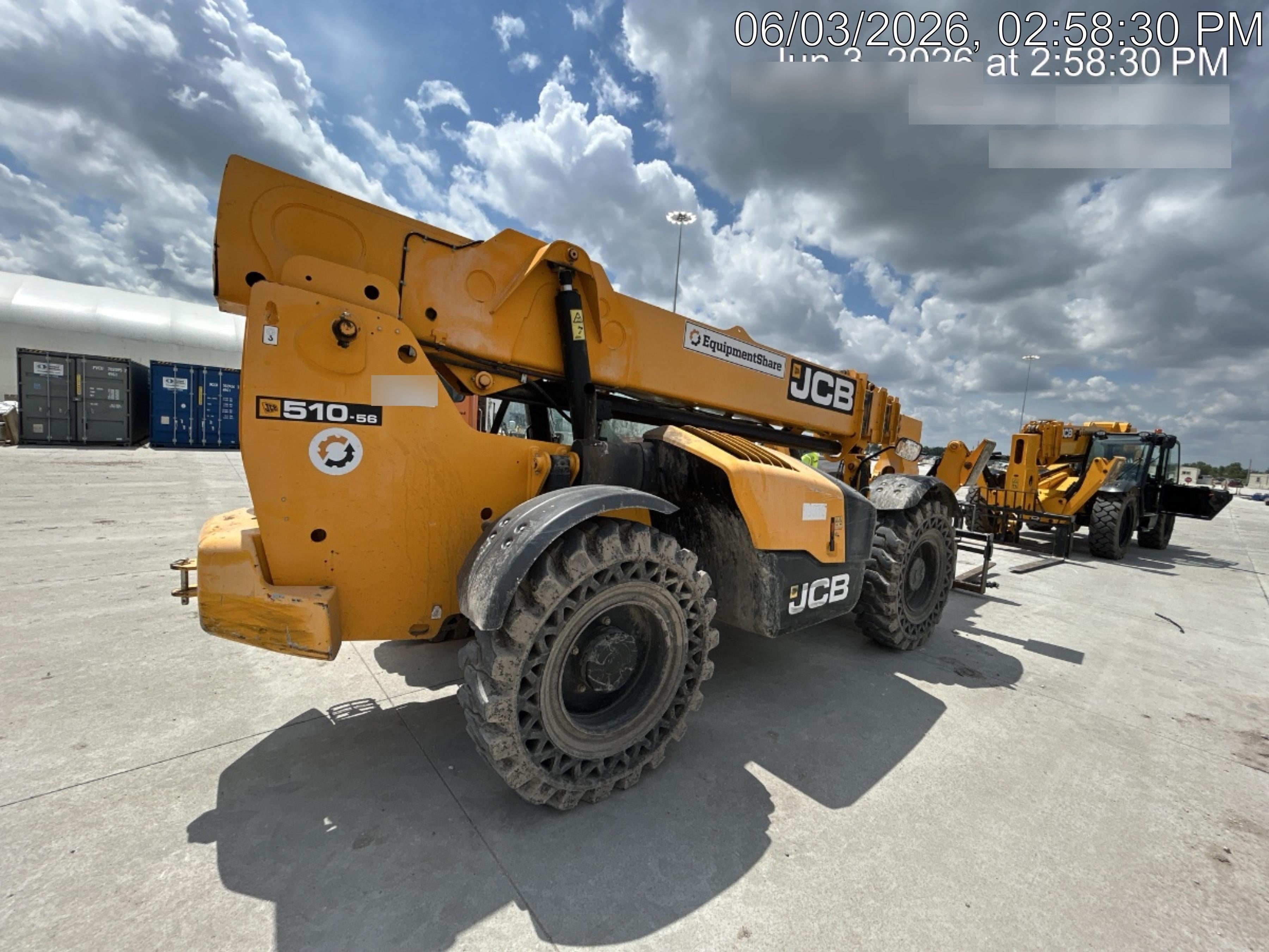 2020 JCB 510-56 Cab/Heat/Air, 74 HP, Solid Tires, STD Worklight, Beacon, Aux Hydraulics, Lifting Eye, Back up Alarm w/66" Carriage/60" Forks