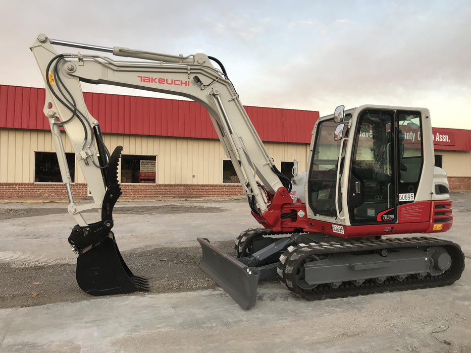 2019 Takeuchi TB290 Cab, AC, Rubber Tracks, Dozer Blade, Travel Alarm, Control Pattern Change Valve, Auxiliary Hydraulics w/18" Quick Coupler Bucket with teeth, 6.2 cu. ft. capacity/24" Quick Coupler Bucket with teeth, 8.6 cu. ft. capacity/36" Quick Coupler Bucket with teeth, 13.4 cu. ft. capacity, Quick Coupler, Hydraulic Thumb Installed