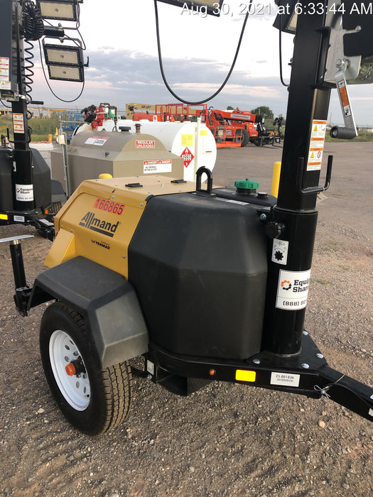 2021 Allmand NLV3GR (4) LED Light Fixture 350W, 23' Vertical Mast, 3kW Prime, Towable, Deep Sea L401, Leveling Jacks, Yanmar T4F 5.8hp