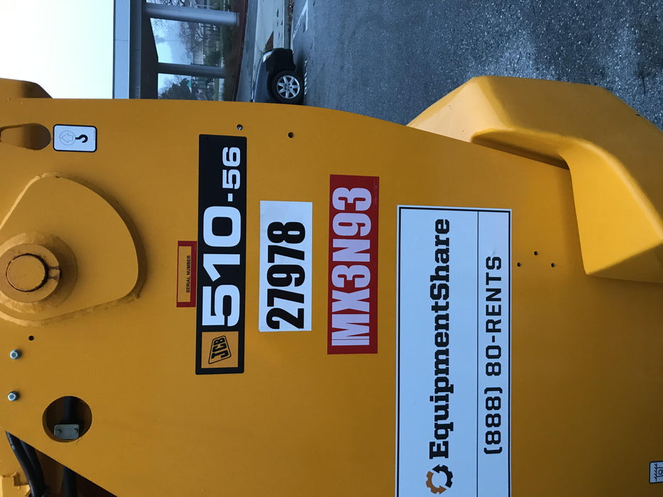 2019 JCB 510-56 74 HP w/Open ROPS, Beacon, Aux Hydraulics, Worklights, Solid Tires w/60" Carriage/Forks