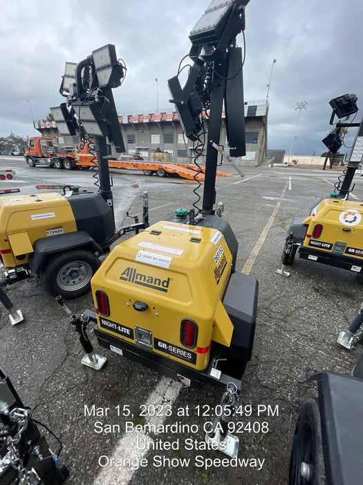 2022 Allmand NLV3GR (4) LED Light Fixture 350W, 23' Vertical Mast, 3kW Prime, Towable, ES Decals, T3