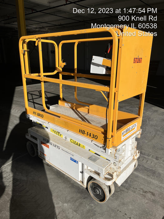 Custom Equipment HB-1430 <ul>
 <li>Hy-Brid Scissor Lift</li>
  <li>Platform capacity up to 670 lbs.</li>
  <li>Working height up to 20 ft</li>
  <li>Weighs under 1,700 lbs.</li>
  <li>Non-marking wheels </li>
</ul>
