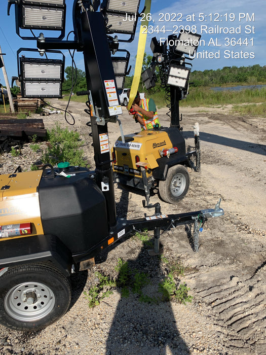 2022 Allmand NLV3GR (4) LED Light Fixture 350W, 23' Vertical Mast, 3kW Prime, Towable, Deep Sea L401, Leveling Jacks, Yanmar T4F 5.8hp