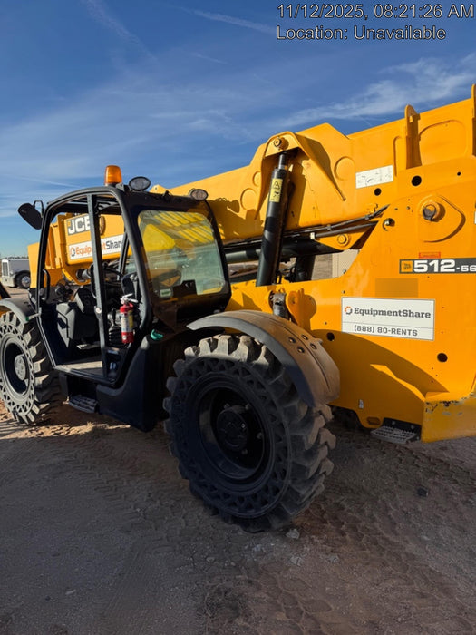 2019 JCB 512-56 109 HP w/Open ROPS, Beacon, Aux Hydraulics, Worklights, Solid Tires 60" Carriage/Forks