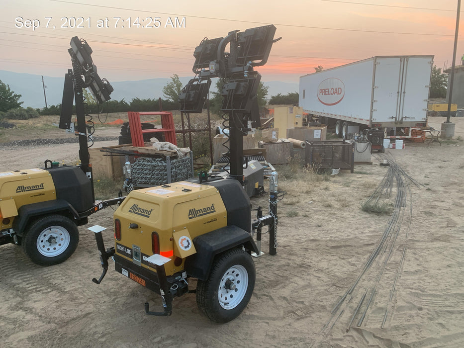 2021 Allmand NLV3GR (4) LED Light Fixture 350W, 23' Vertical Mast, 3kW Prime, Towable, Deep Sea L401, Leveling Jacks, Yanmar T4F 5.8hp