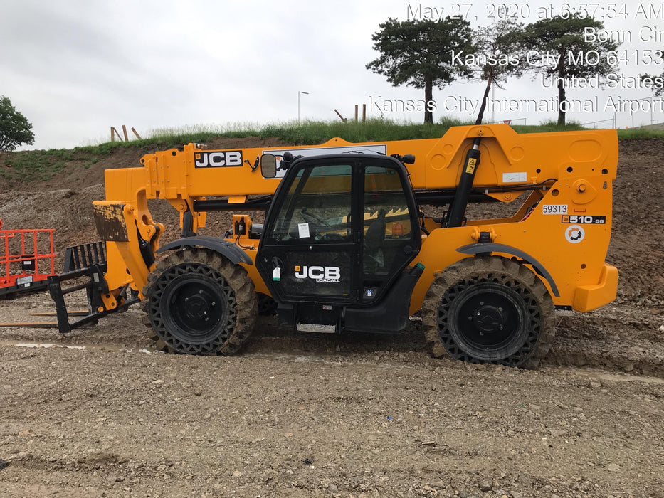 2020 JCB 510-56 Cab/Heat/Air, 74 HP, Solid Tires, STD Worklight, Beacon, Aux Hydraulics, Lifting Eye, Back up Alarm w/66" Carriage/60" Forks